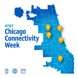Blue map of Chicago-metropolitan area with yellow pins highlighting connectivity areas and accompanying text: "AT&T Chicago Connectivity Week"