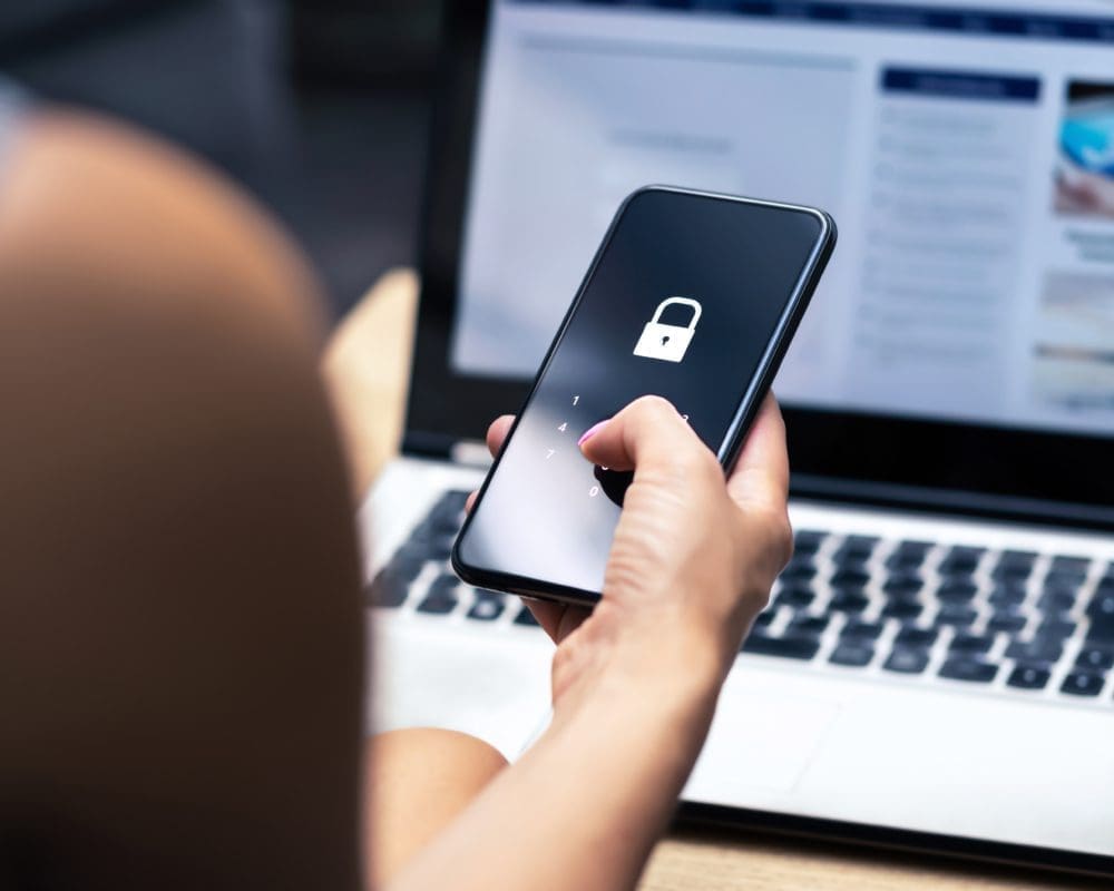 Phishing, mobile phone hacker or cyber scam concept. Password an