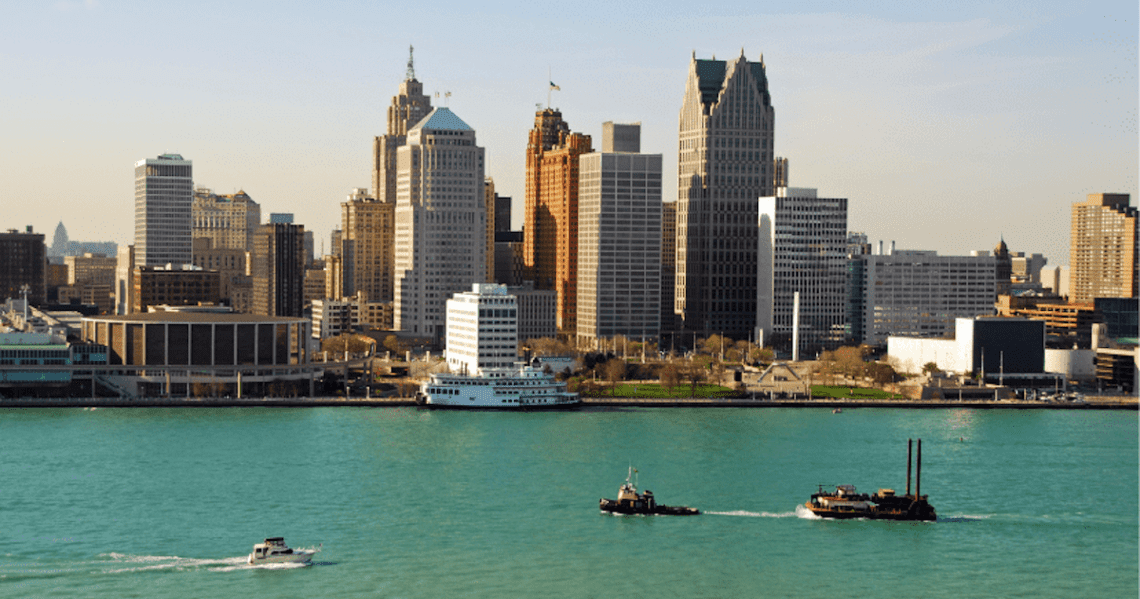 a skyline image of Detroit, Michigan