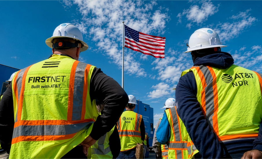 AT&T utility workers looking at American flag