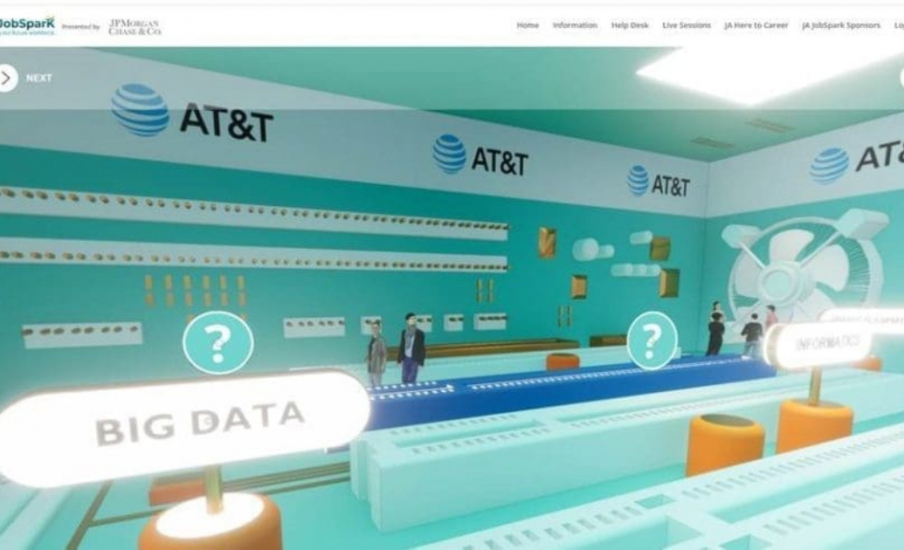 a rendering of a virtual space with characters walking around