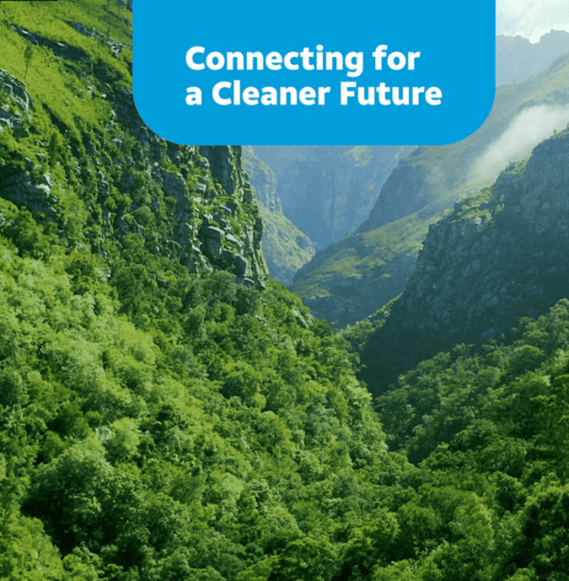 A banner saying "Connecting for a cleaner future." over a scenic view of a valley.