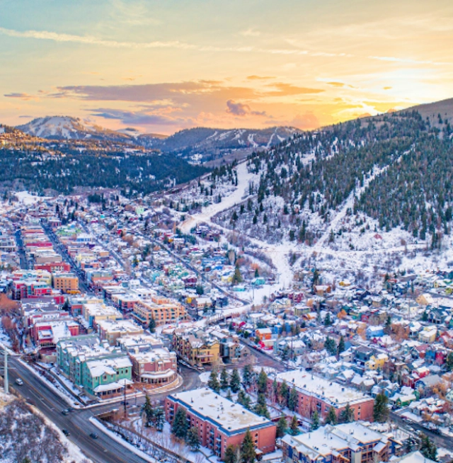 Skyline image of snow covered Park City, Utah.