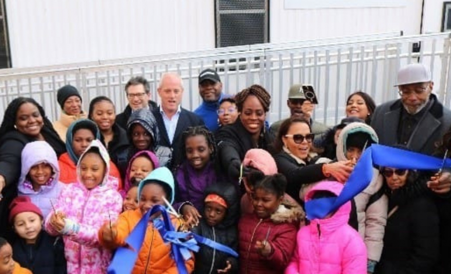 A ceremonial ribbon cutting
