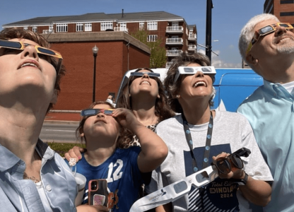 People looking at the eclipse with glasses on