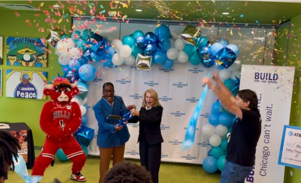 Ceremonial ribbon cutting featuring Chicago Bulls mascot Benny the Bull