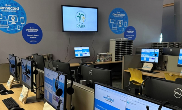 A computer lab of desktop computers