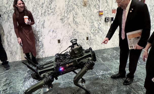 Someone pointing at ROG the dog.