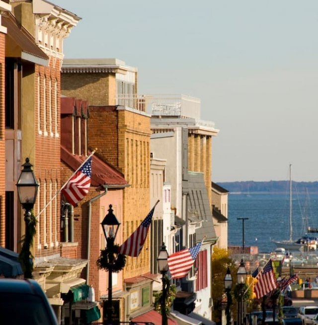 American flags on buildings