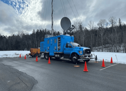 FirstNet truck parked, surrounded by snow