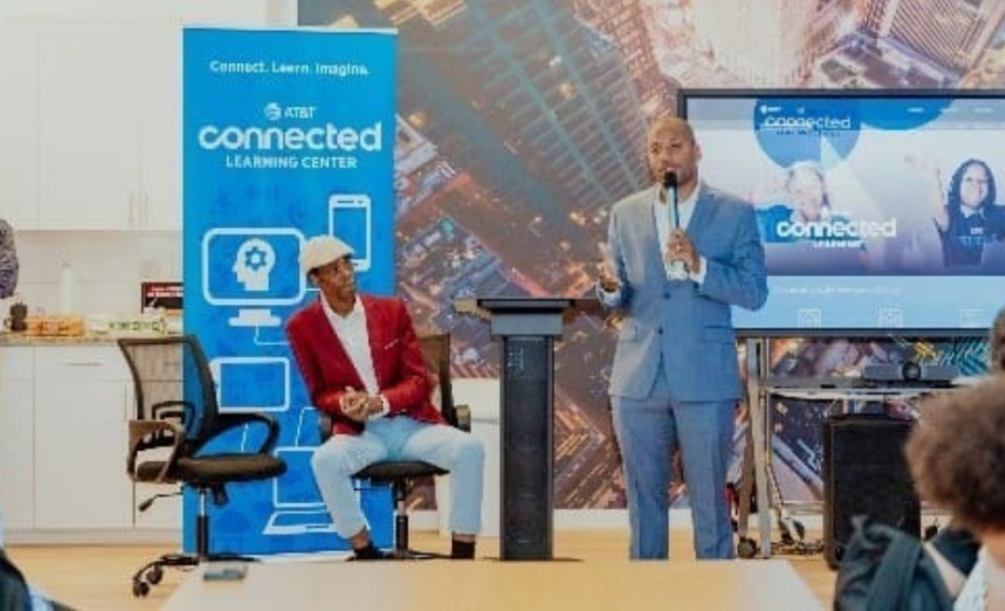 A panelist speaking at an event