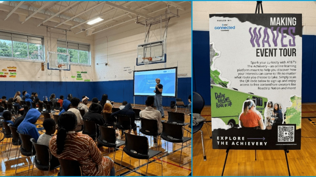 A collage of two images. On the left is an image of a person speaking to a group of students in a gymnasium. On the left is a poster promoting the event.